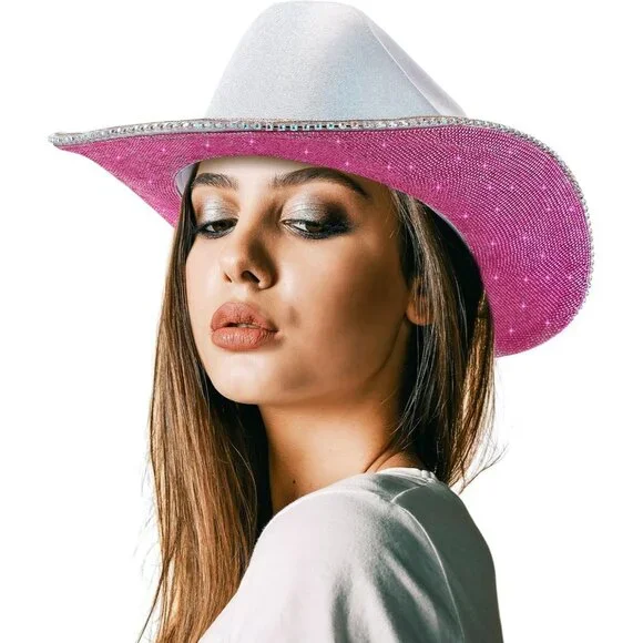 White Pink Women Cowgirl Hat Hercicy Rhinestone Diamond Fringe